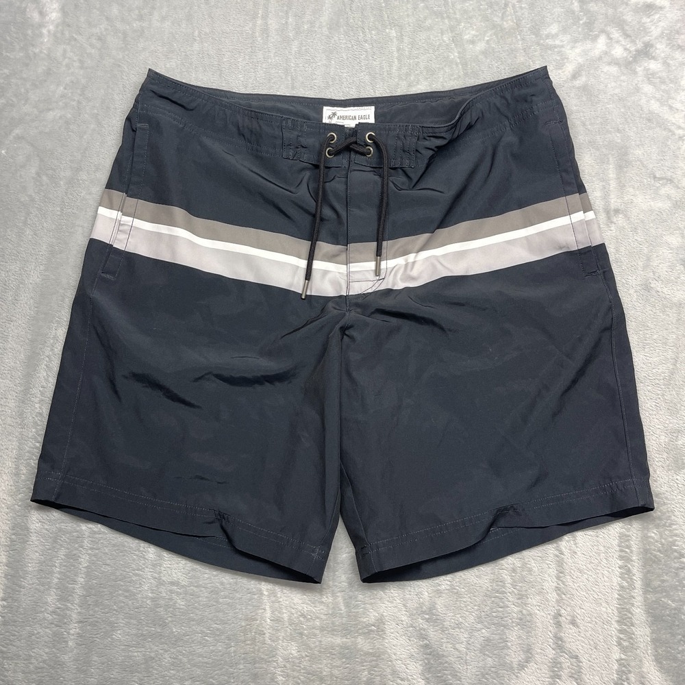 American Eagle Shorts Mens L Black Striped Stretch Board Surf Surfing Water Polo